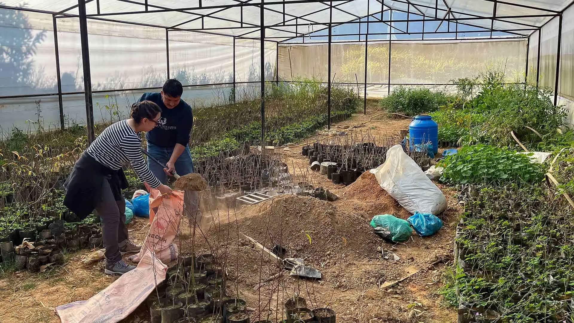 卡米拉一. Proano, 全球管家会员, 与当地园艺师和生物技术专家Roshan Shreshta合作，在Sanskriti农场和研究中心收集新鲜土壤，用于种植金橘树. 研究生们, 是全球生态联盟的一部分, 本月前往尼泊尔，运用他们在水取样和分析方面的专业知识，向纳摩佛市的市民提供解决方案. 图片由环球管家提供.
